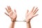 Male hands on a white background close-up in handcuffs