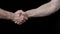 Male handshake. Gestures. black background. Man\'s hands. Greetings and farewell.