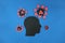 Male head profile silhouette with coronavirus. Overthinking and feeling of isolation during covid-19 pandemic crisis.