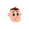 Male head, smiling face, rosy cheeks, big eyes, raised eyebrows