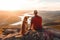 Male hiker and his pet dog admiring a scenic view from a mountain top. Adventurous young man with a backpack. Hiking and trekking