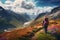 Male hiker wearing casual clothes admiring a scenic view from a mountain top. Adventurous young man with a backpack. Hiking and