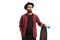 Male hipster standing and holding a longboard