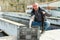 Male holding sturgeon fish