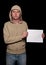 Male in a hoodie holding blank advert space