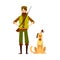 Male hunter standing with arms akimbo and sitting dog cartoon style