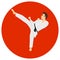 Male karate kicks. A man in a white kimono with a black belt on a red background. Vector illustration