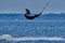 A male kiteboarder rides on a board on a large river.