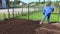 Male landscaper man in work wear prepare ground soil for lawn seeding. Pan
