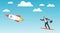 A male leader flies on a rocket in the clouds. . Vector illustration.