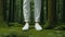 male legs clad in white, unbranded green sneakers in the forest, a minimalist modern style to highlight the simplicity