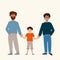 Male LGBT family. Parents are a couple of men with a son. Fatherhood, care in marriage. Same-sex couples, their equality
