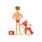 Male lifeguard in red shorts with equipment on the beach, professional rescuer on the beach vector Illustration