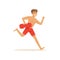 Male lifeguard in red shorts running with life preserver buoy, professional rescuer on the beach vector Illustration