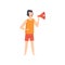 Male lifeguard shouting into a megaphone, professional rescuer character working on the beach vector Illustration on a