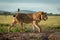 Male lion crossing dirt mound in profile