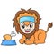 Male lion with thick hair, a friendly face, was sitting in front of a meat meal. doodle icon image kawaii