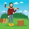 Male Lumberjack On Forest