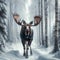 Male Majestic Moose Running Wintertime Wilderness Wildlife Snowy Forest Canada AI Generated