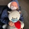 Male man guy holding teddy bear in medical mask covid-19 isolation corona virus prevention