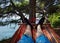 A male man guy laying on the hammock swing on the beach during summertime with a view of pines and blue sea with healthy fresh air