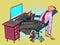 The male manager sleeps at the workplace in the office. A robotic work chair works for a person