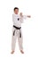 Male martial artist arm muscle stretch, isolated full length