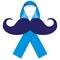 Male mascot supporting blue November, against prostate cancer, wearing a white shirt with blue tape and mustache