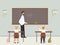 Male math teacher explaining multiplication to elementary school pupils or children near chalkboard. Young man teaching