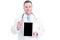 Male medic or doctor holding tablet with black screen