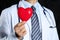 Male medicine doctor wearing hold in hands red toy heart