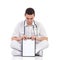 Male medicine student holding a clipboard