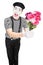 Male mime artist holding a bouquet of flowers