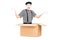 Male mime artist sitting in carton box