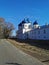 Male monastery in Veliky Novgorod attractions. Old building. Architecture.Blue dome