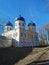 Male monastery in Veliky Novgorod attractions. Old building. Architecture.Blue dome