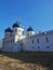 Male monastery in Veliky Novgorod attractions. Old building. Architecture.Blue dome
