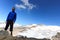 Male mountaineer and mountain glacier panorama with summit Grossvenediger south face in the Hohe Tauern Alps