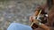 Male musician playing guitar outdoors