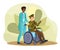 Male nurse and veteran soldier in military uniform on a wheelchair