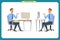 Male office worker poses sitting at computer with tablet having coffee brake cartoon characters set vector illustration