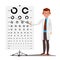 Male Ophthalmology Vector. Sight, Eyesight. Optical Examination. Doctor And Eye Test Chart In Clinic. Ophthalmologist