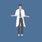 Male overworked scientist man researcher in white coat standing pose medical laboratory worker full length