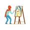 Male painter artist character wearing red beret painting with colorful palette standing near easel vector Illustration