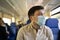 Male passenger wearing face mask during covid-19 lockdown inside train. New normal lifestyle concept. Social distancing