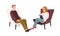 Male patient in armchair and female psychologist, psychoanalyst or psychotherapist sitting in front of him and talking