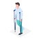 Male patient character with broken leg, man walking crutches, medical health rehabilitation isometric 3d vector