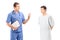 A male patient in a hospital gown and medical practitioner during a discussion