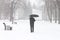 Male pedestrian hiding from the snow under umbrella