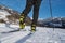 Male person cross-country skiing in beautiful winter landscape in mountains